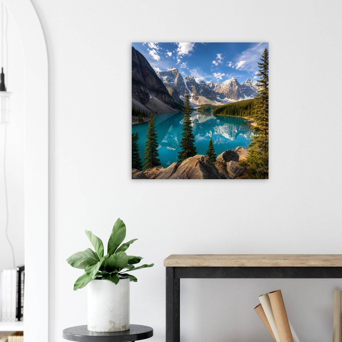 Quadratisches Poster mit Berglandschaft: türkisfarbener See, Berge, Nadelbäume und Wolken
