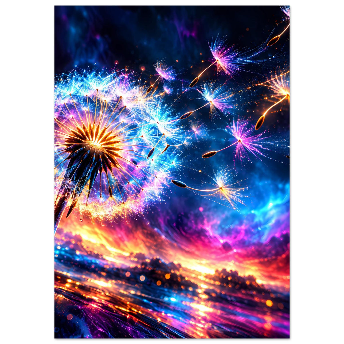 Poster mit Feuerwerk-Motiv, violette Effekte oben und orange Flammenspuren unten