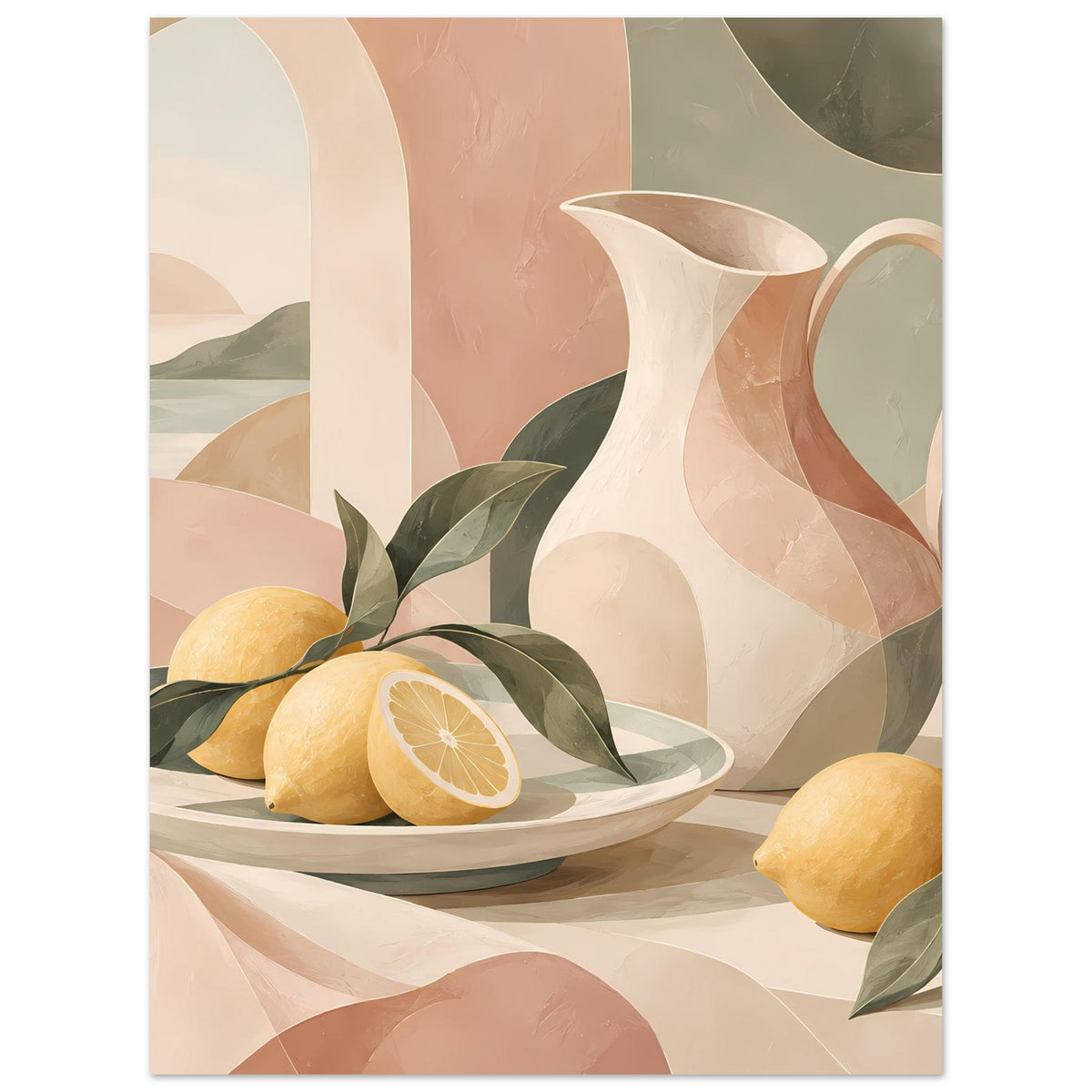 Mediterranes Still-Life-Poster, enger Bildausschnitt mit weißer Kanne und Zitronen