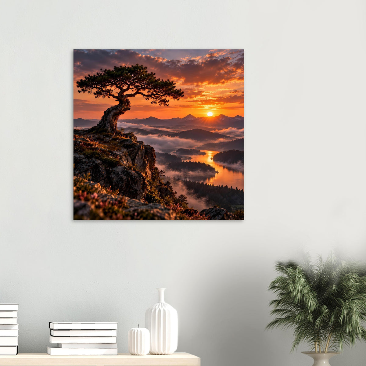 Poster mit Landschaftsbild: Baum über See, orange Wolken und untergehende Sonne