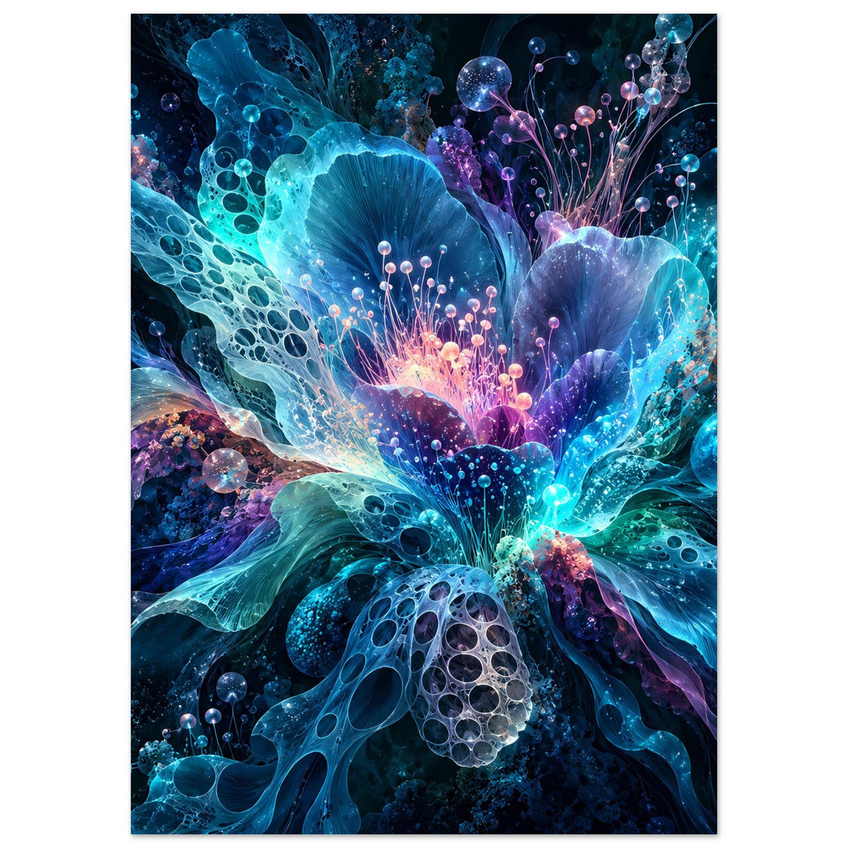 Vertikales leuchtendes Blumenposter mit dichtem Blütenaufbau in Blau- und Violettnuancen