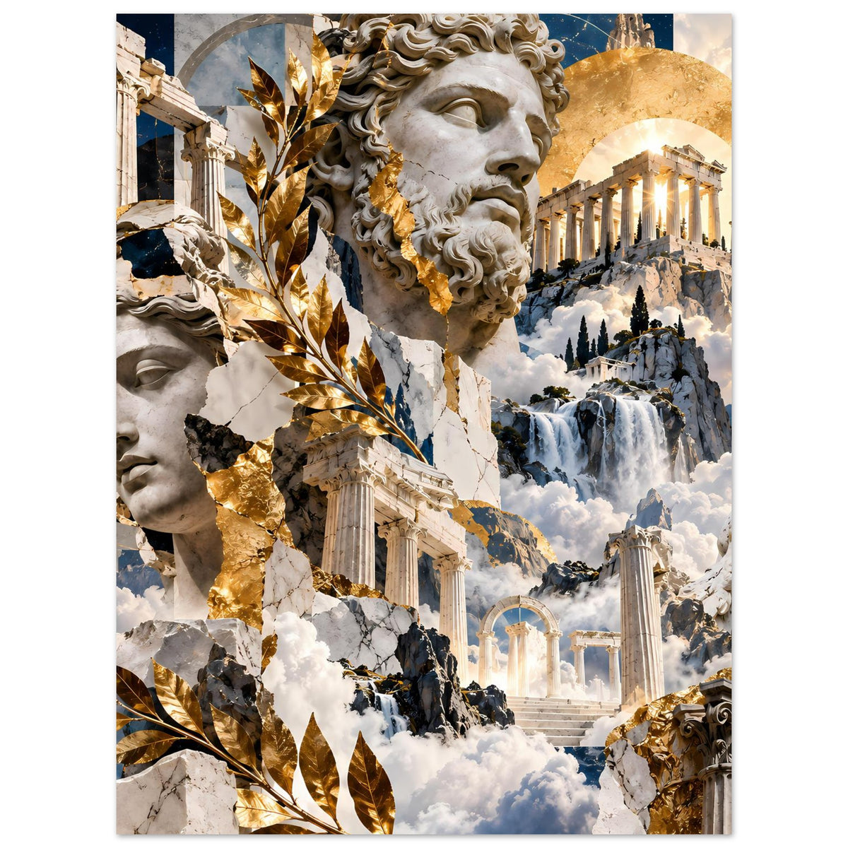 Griechisches Mythologie-Collageposter mit Statuenköpfen, goldenen Ornamenten und Wolken, vertikal