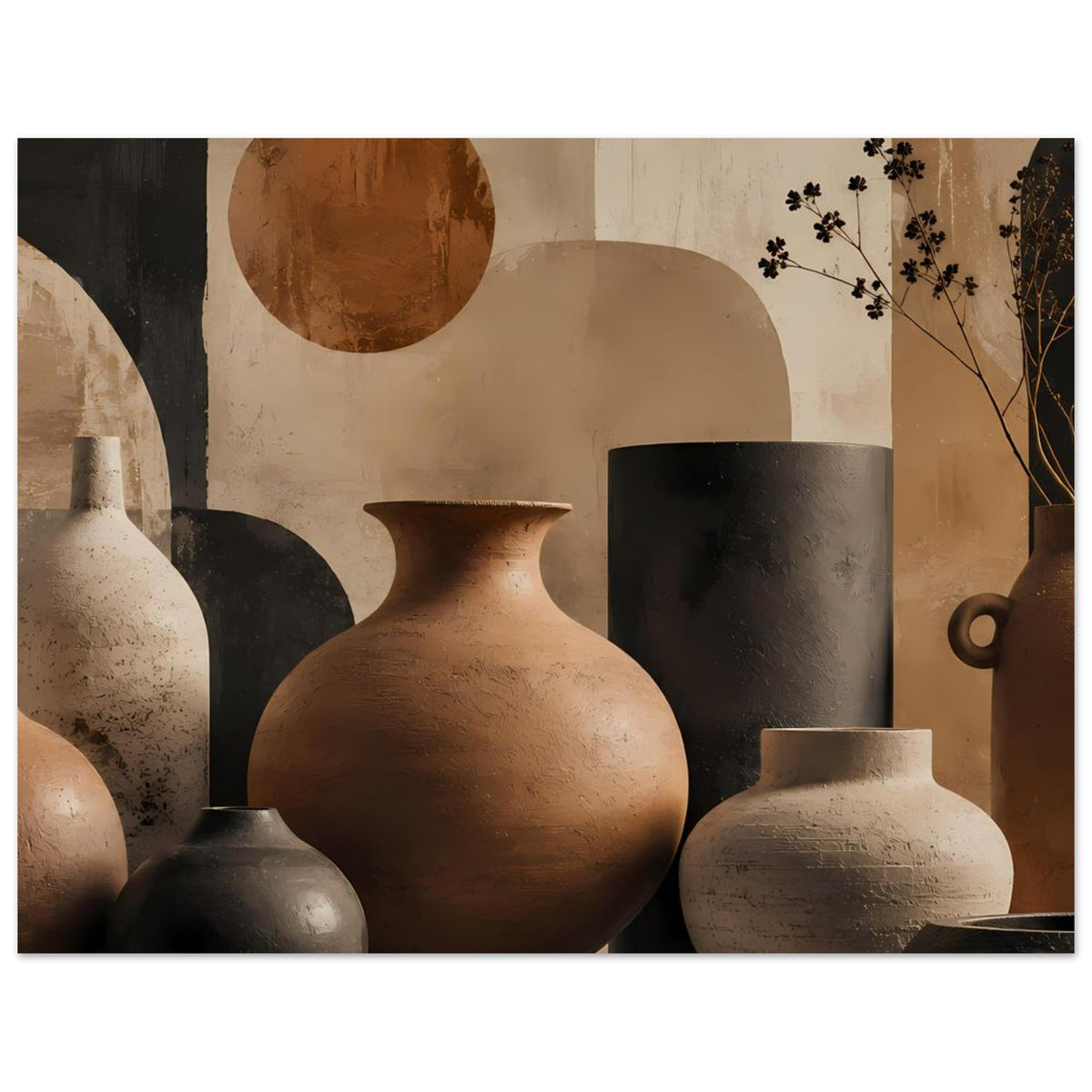 Poster mit Keramikvasen im Stillleben, große Vase in Terrakotta mit dunklen Akzenten
