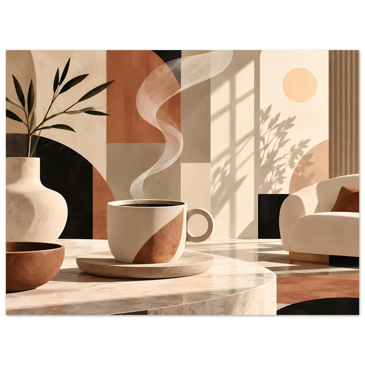 Wandposter Querformat mit Erdtönen-Grafik: Kaffeetasse, Schale, Pflanzenvase