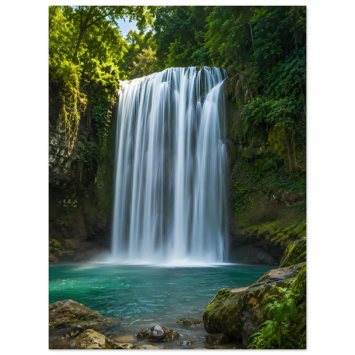 Poster mit Wasserfall, türkisgrünem Becken und Felsen im Vordergrund, vertikal
