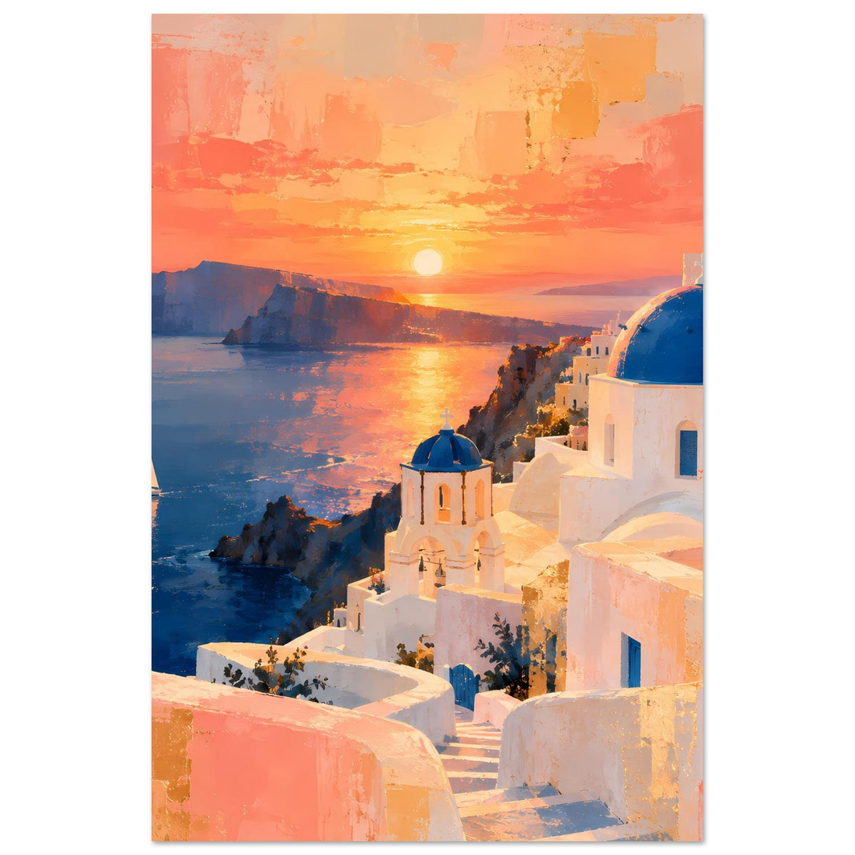 Vertikales Poster mit Sonnenuntergang, Meerblick und weißen Gebäuden mit blauer Kuppel