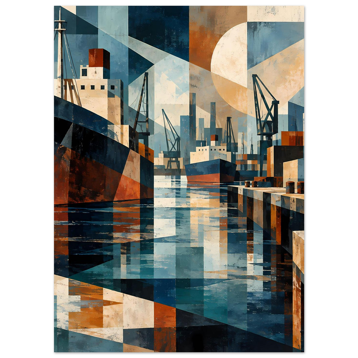 Geometrisches Hafenposter mit maritimen Linien und Kranen, Blau- und Ockerakzenten