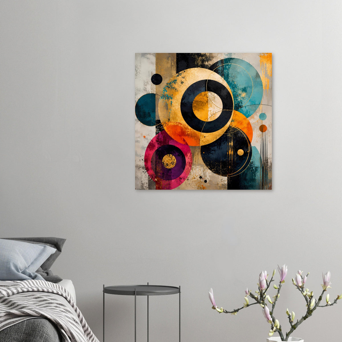 Abstraktes Kreis-Poster mit farbigen Ringen in Orange, Violett, Blau und Schwarz.