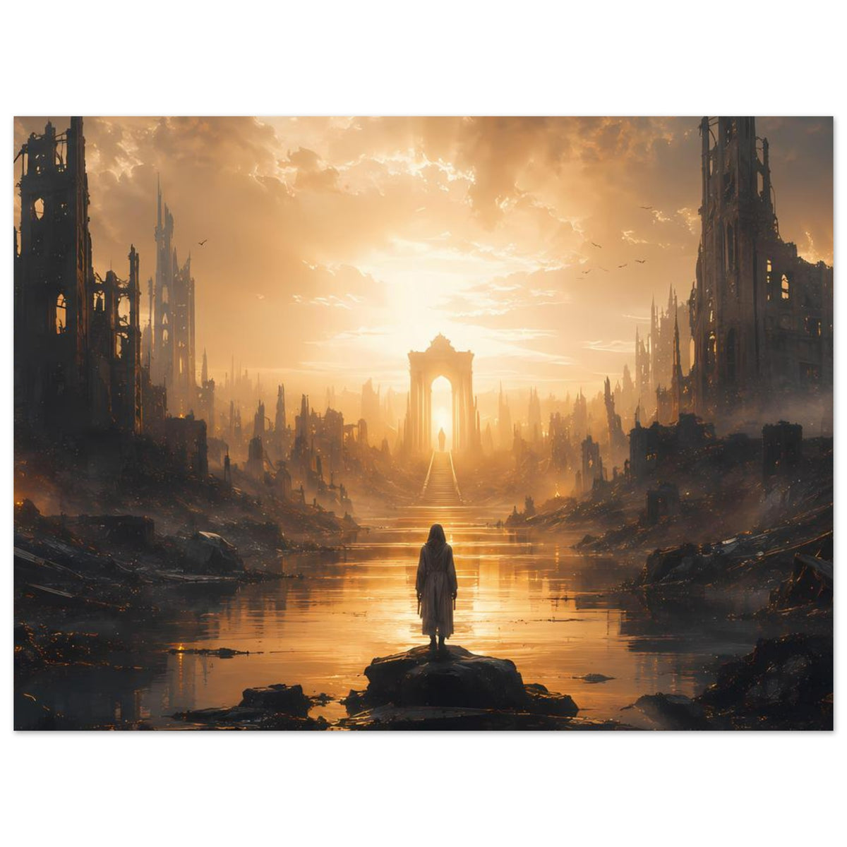 Poster: Ruinenstadt am Fluss mit einsamer Gestalt und goldenem Licht im Zentrum