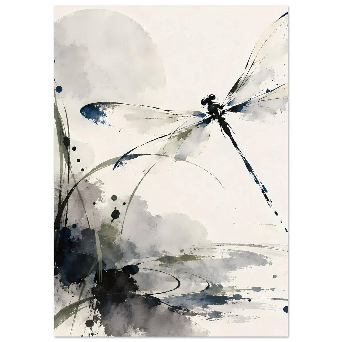 Aquarell-Poster mit Libelle in Blau, grau-schwarze Farbkleckse und geschwungene Pinselspuren