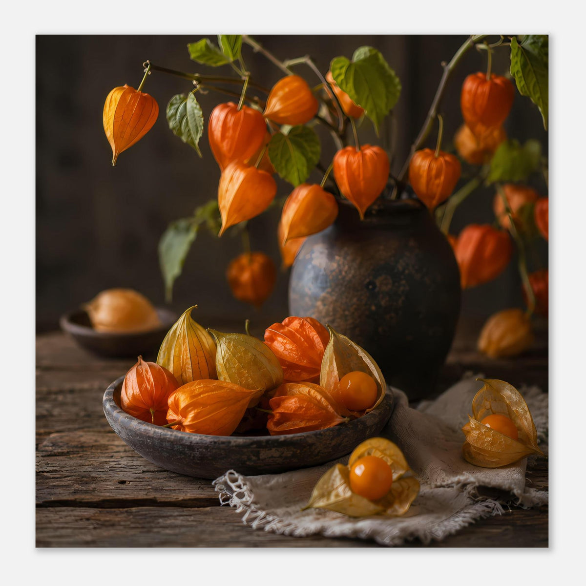 Herbstposter mit Schüssel voller Kürbisse auf Holz, orange Früchte und Blätterzweige