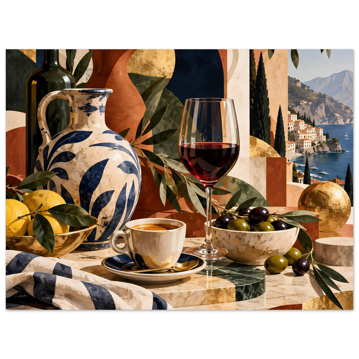 Poster mit mediterraner Szene: Keramikvase, Weinglas, Tasse, Oliven und Zweige