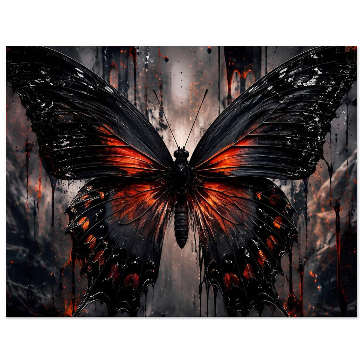 Horizontales Poster mit Schmetterlingsmotiv: schwarze Flügel, orange-rote Akzente, abstrakte Spritzer