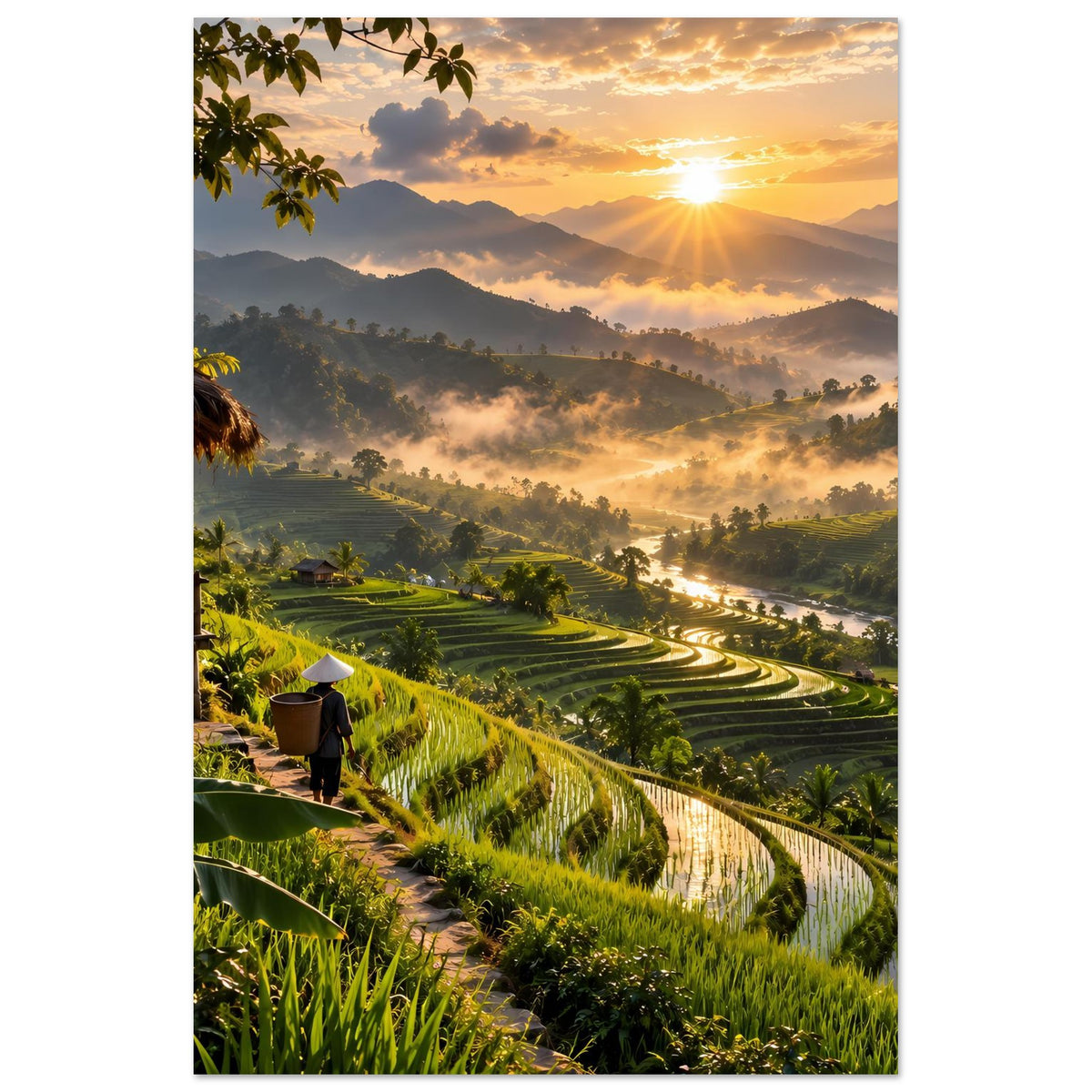 Vertikales Poster mit Sonnenaufgang, Reisfeldern in Terrassen und Morgennebel