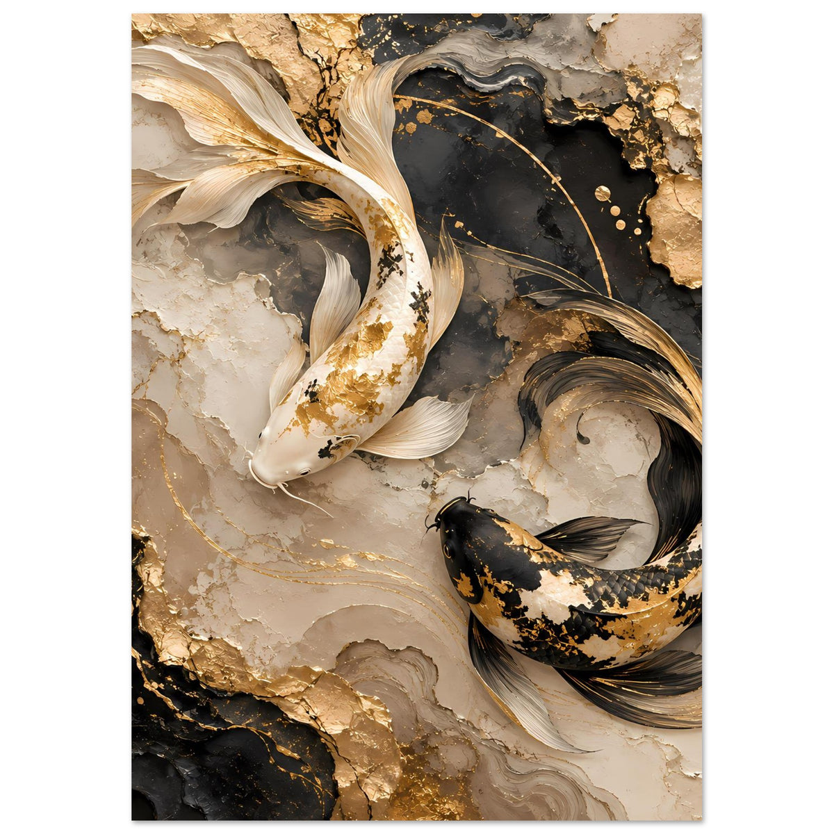 Querformat-Kunstposter mit Koi-Fischen, goldene und schwarze Schuppen auf beigem Marmor