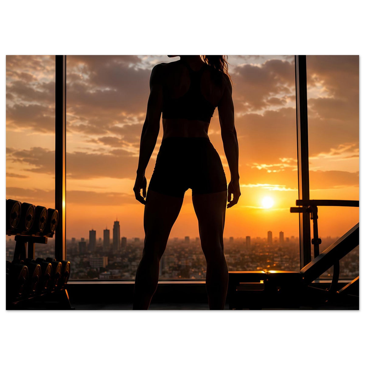 Fitness-Poster im Querformat mit schwarzer Silhouette der Sportlerin und Gym-Geräten
