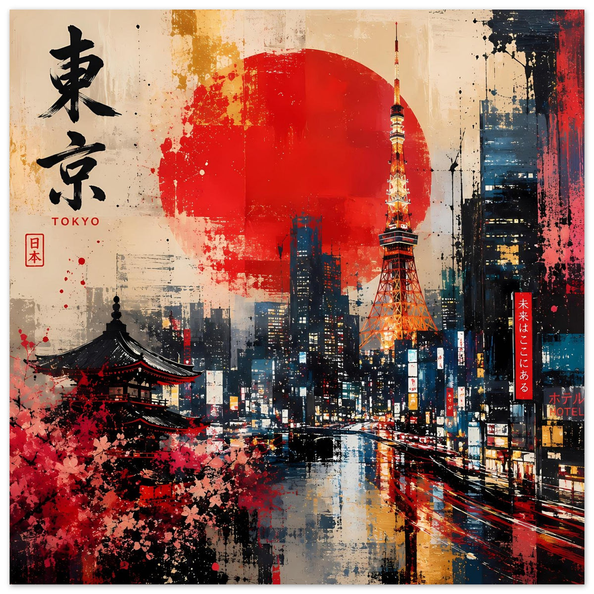 Abstraktes Poster im Querformat mit roter Sonne, Tokyo Tower, Tempel und leuchtenden Gebäuden