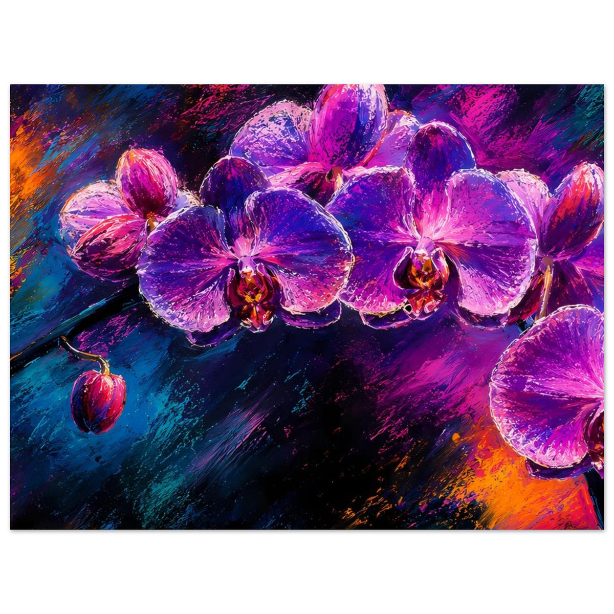 Horizontales Blumenposter mit violettrosa Orchideenblüten und kräftigen Farbwirbeln