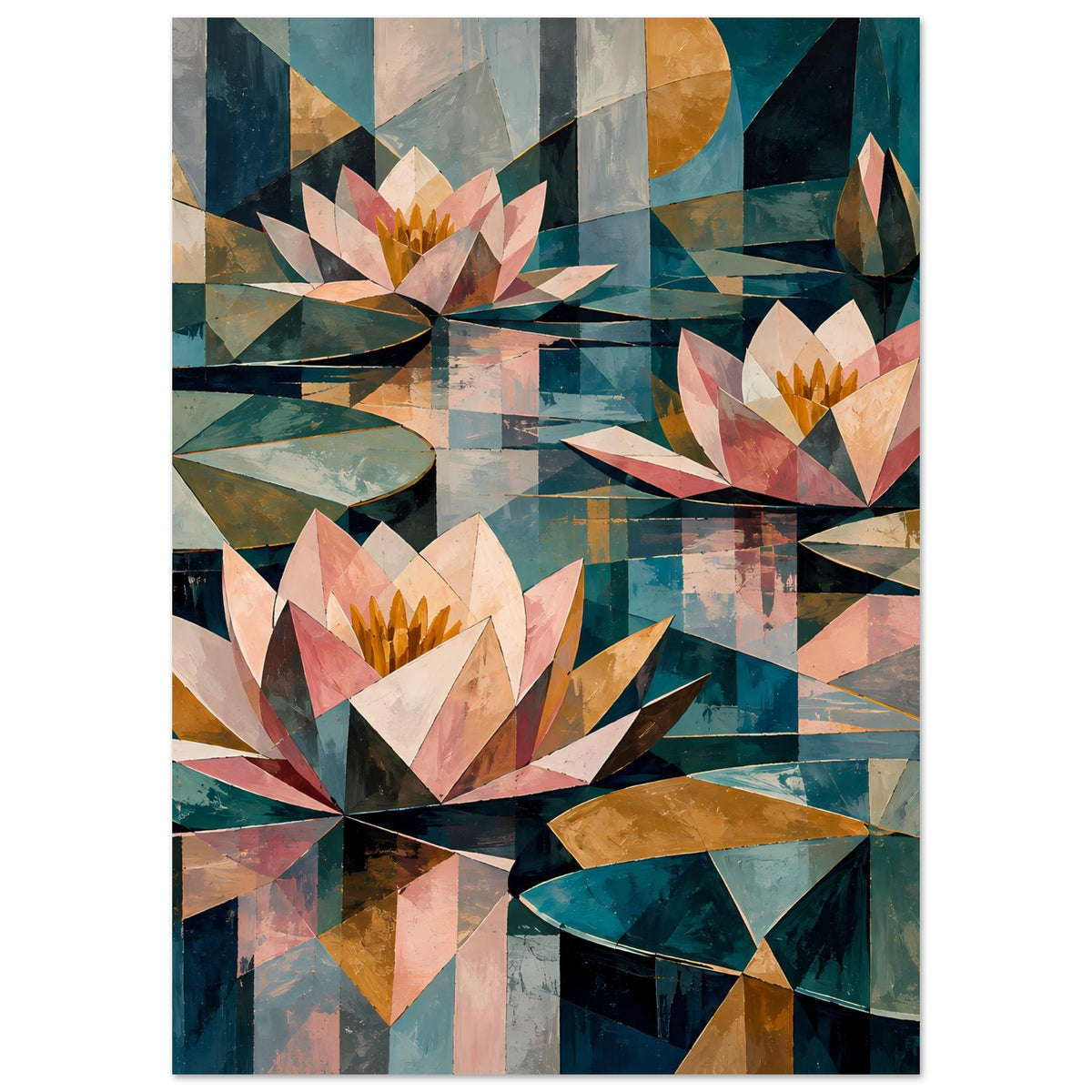 Geometrisches Seerosenblumenposter, Seerosen aus Dreiecken, Pastell und Petrol, Hochformat