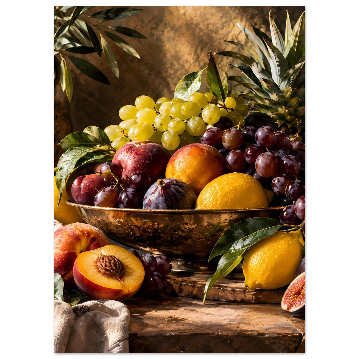 Obststillleben-Poster mit Trauben und Zitrus, Pfirsichhälften und grünen Blättern