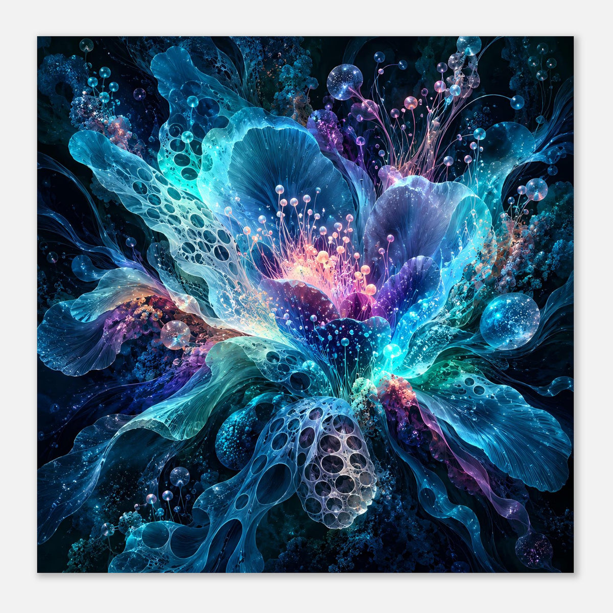 Leuchtendes digitales Blumenposter, vertikal, blau-violettes Blumenmotiv mit funkelnden Partikeln