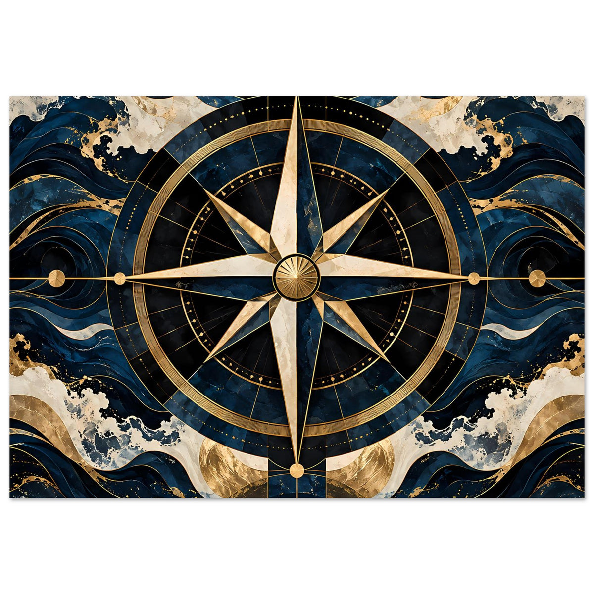 Maritimes Navigationsposter mit Kompassrose und goldenen Kreisen, Querformat