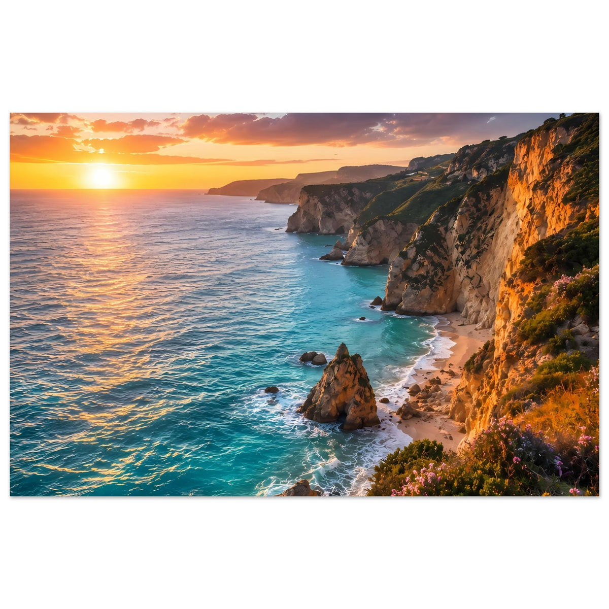 Horizontales Poster mit Küsten-Sonnenuntergang: türkisfarbenes Meer, Klippen und Sonnenlicht