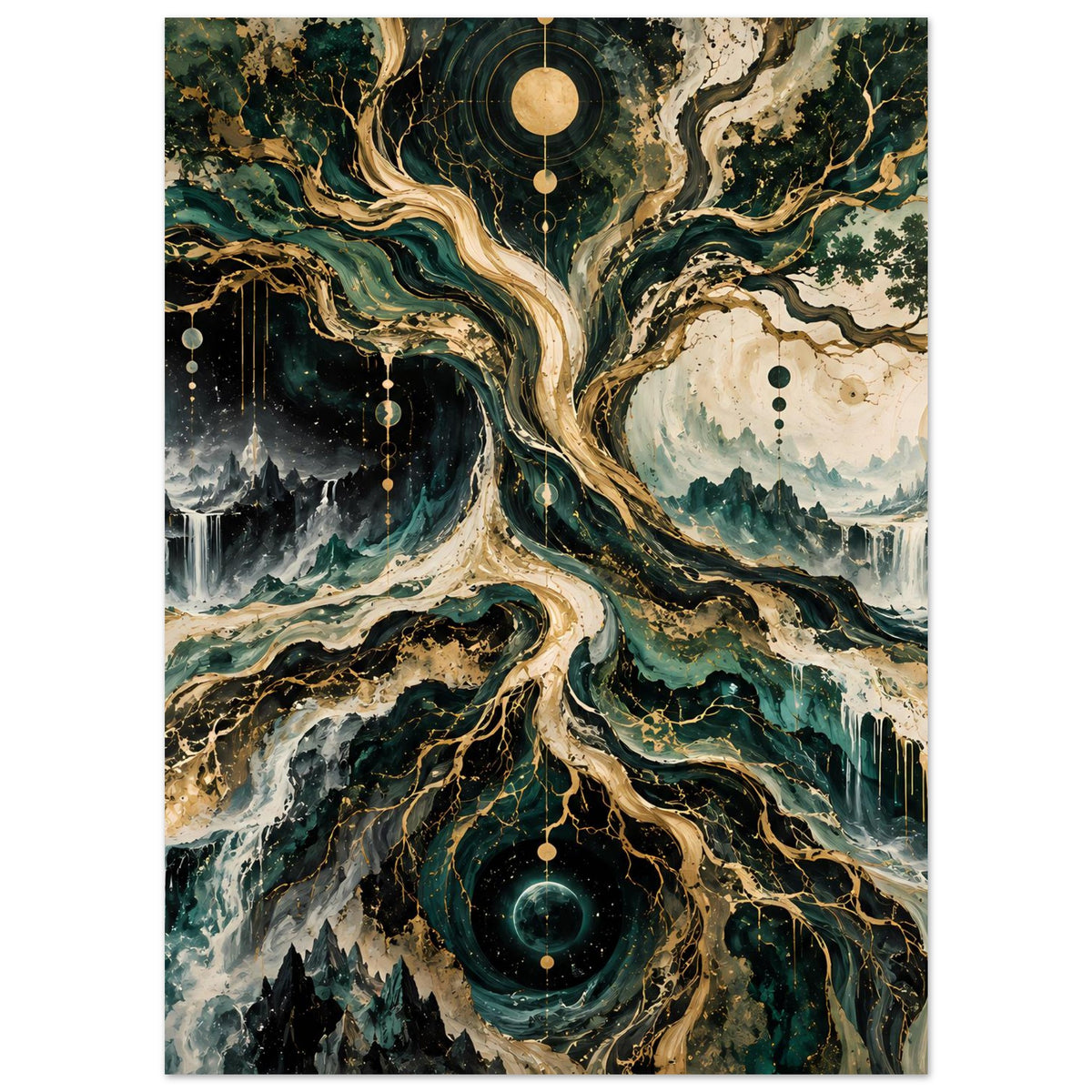 Poster mit kosmischem Baum, vertikal, zwei Landschaftsbereiche links und rechts, Sterne und Kreise