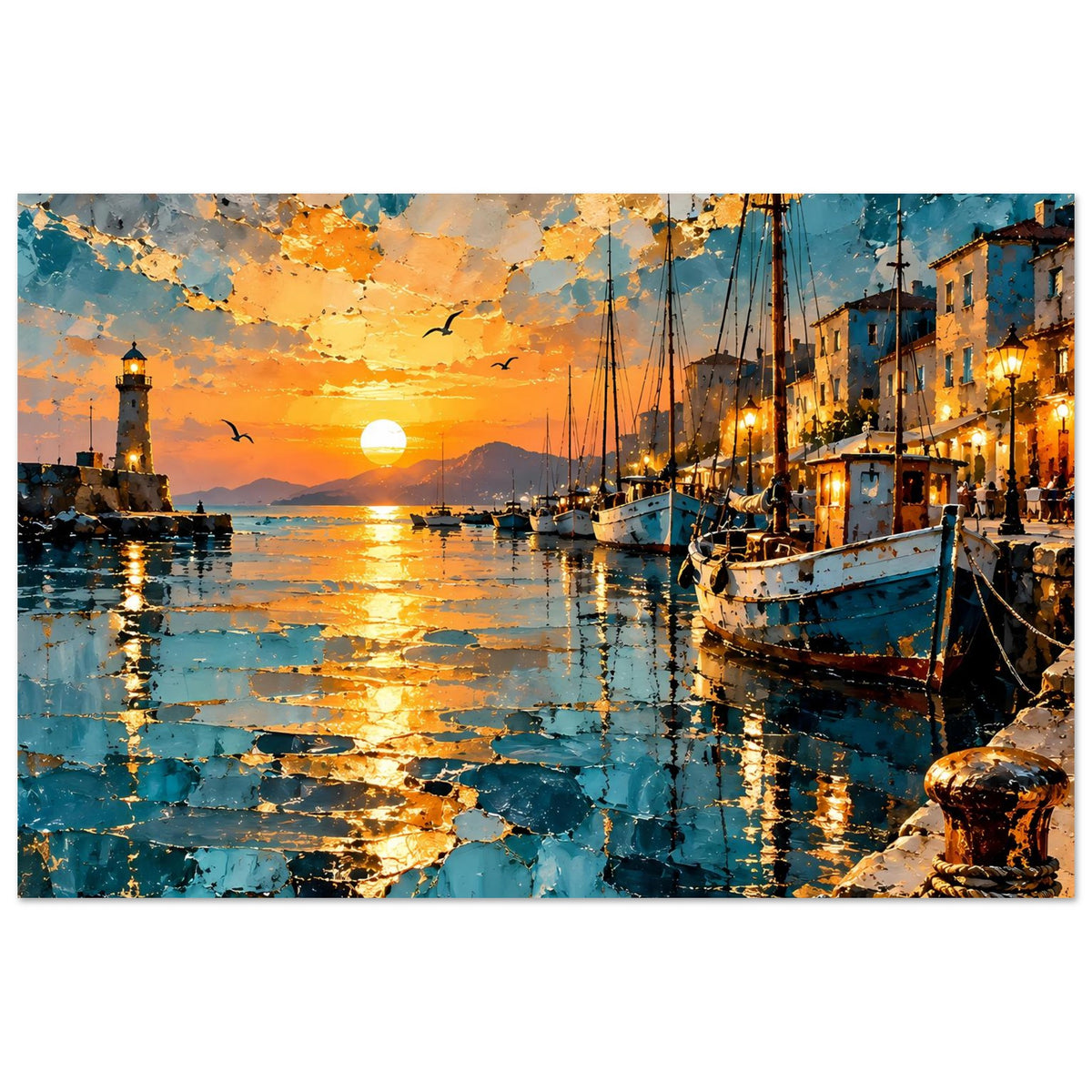 Kunstdruck: Hafen-Sonnenuntergang im Querformat, türkis/orange Textur und goldene Reflexe