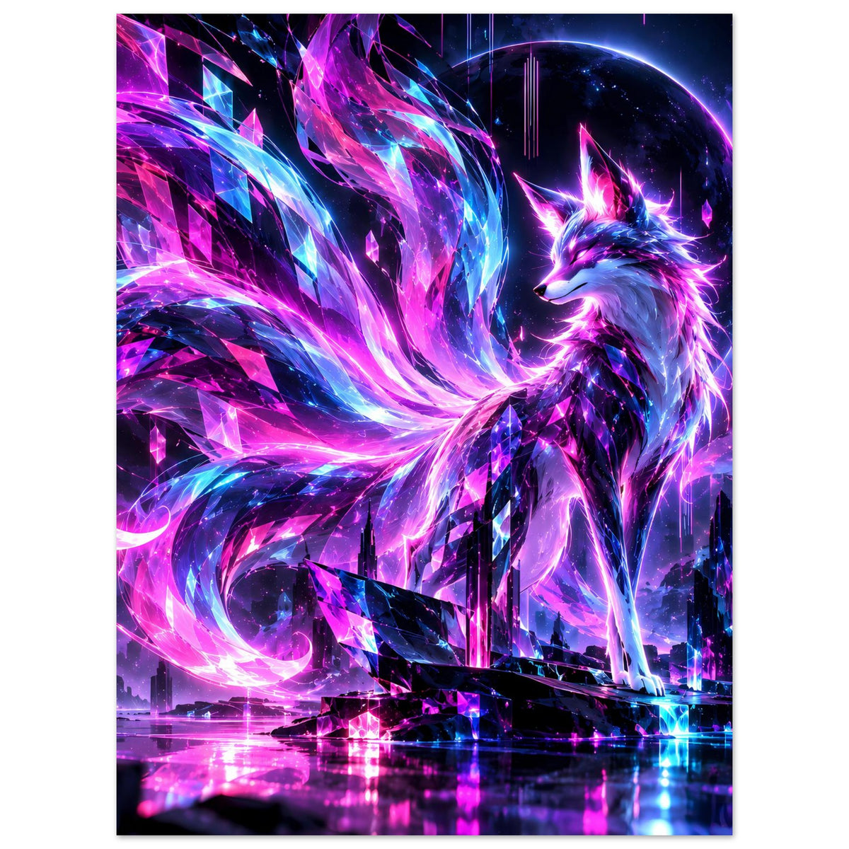 Fantasy-Poster: Neon-Fuchs im Lichtbogen, violett-blauer Glanz über einer nächtlichen Stadtlinie