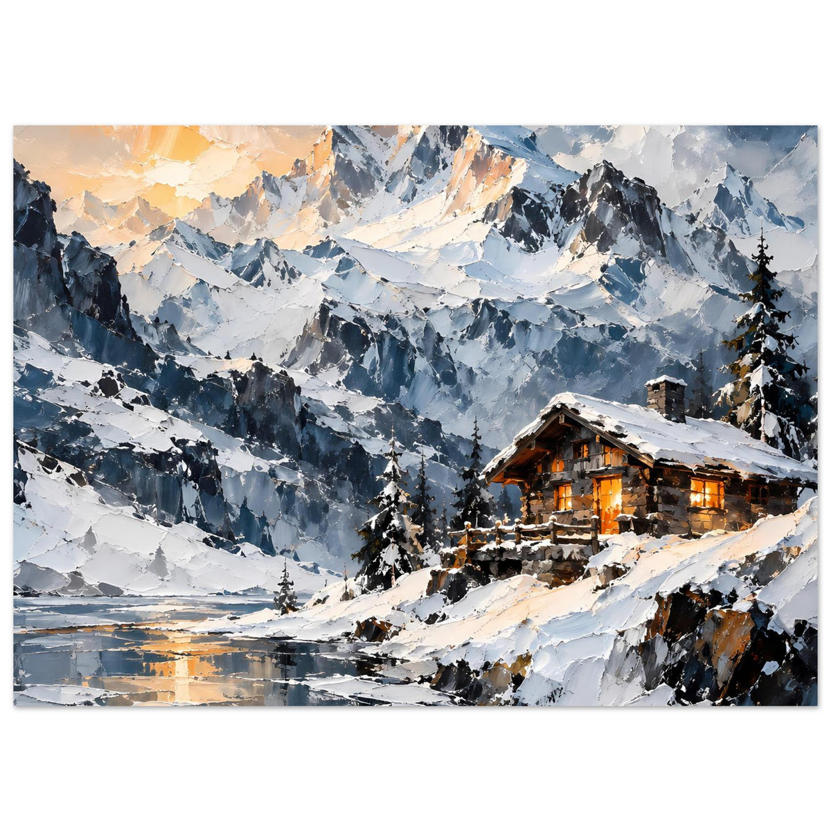 Winterlandschafts-Poster im Querformat: Berge, verschneiter Weg und warm erleuchtete Hütte