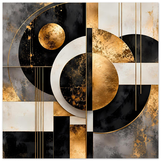 Poster mit geometrischen Kreisen in Gold, Schwarz und Creme, rechteckig
