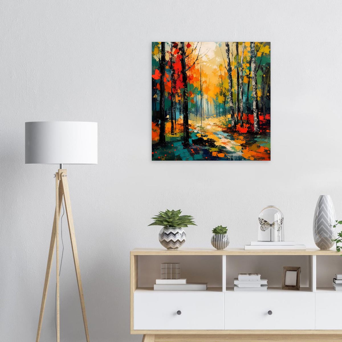 Quadratisches Poster: Herbstwald mit leuchtenden Baumfarben und Pfad