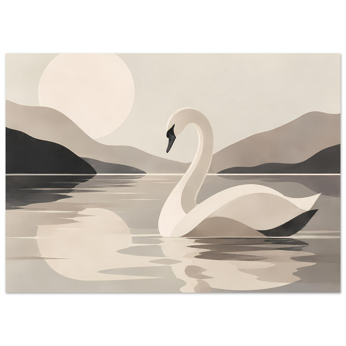 Kunstposter mit weißem Schwan, Wasserlinie und spiegelnder Fläche, abstrakte Berge im Hintergrund