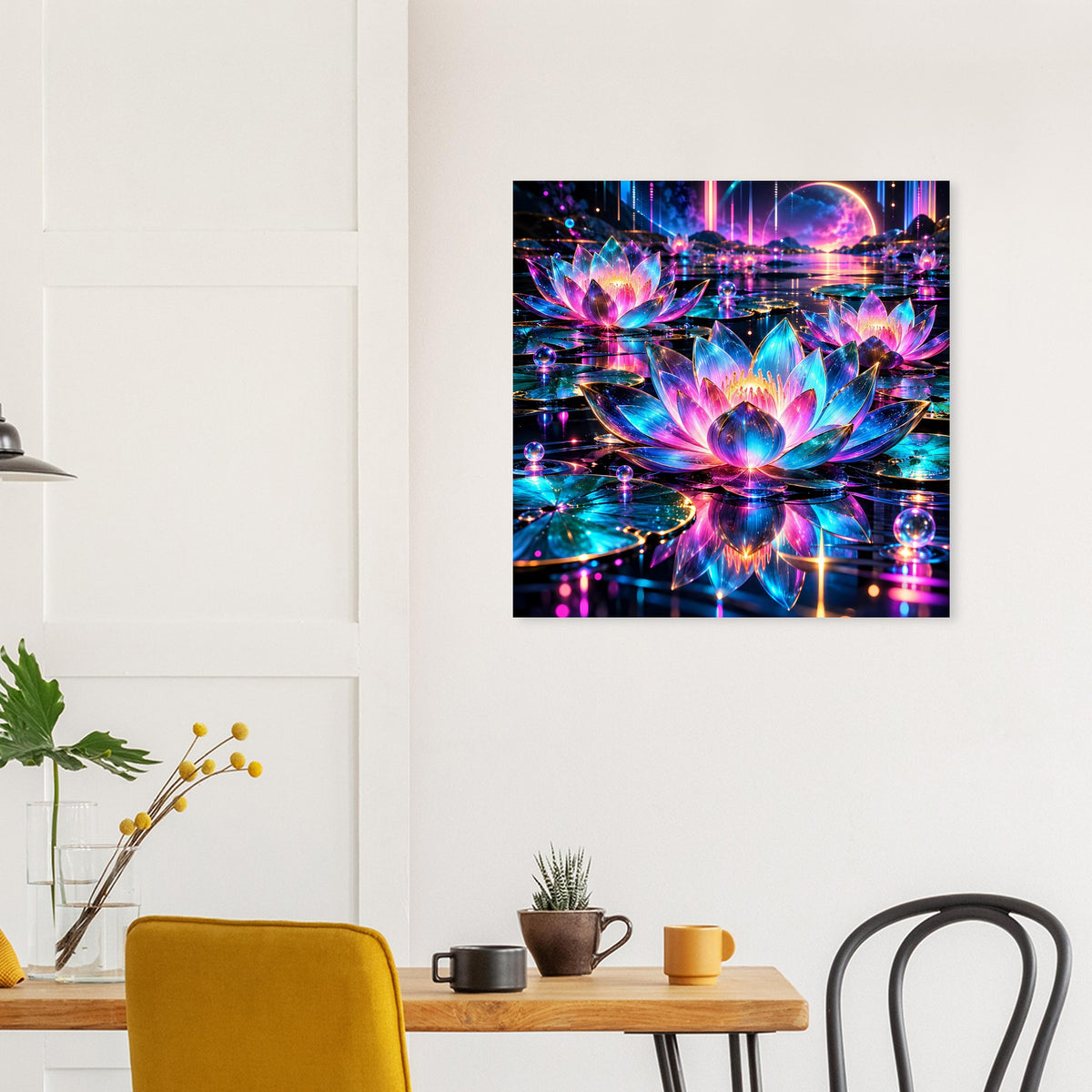 Neon-Lotus Poster mit intensiven Neonfarben, Lotos-Reflexionen und Spirallichtern