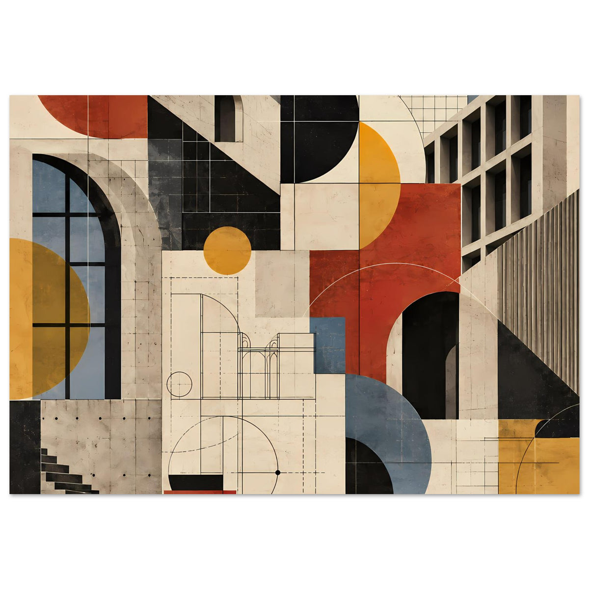 Kunstposter mit geometrischen Bauformen, Terrakotta und Schieferblau, Bogenfenster & Rechtecke