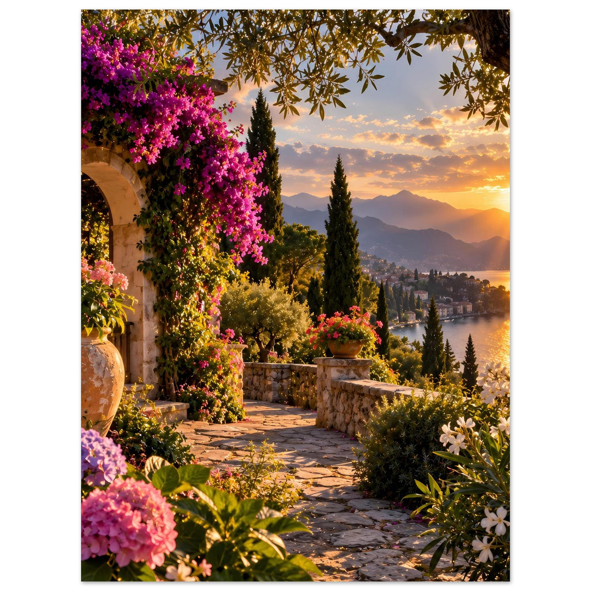 Sonnenuntergang-Poster im Hochformat mit Blumen entlang des Wegs und glitzerndem See