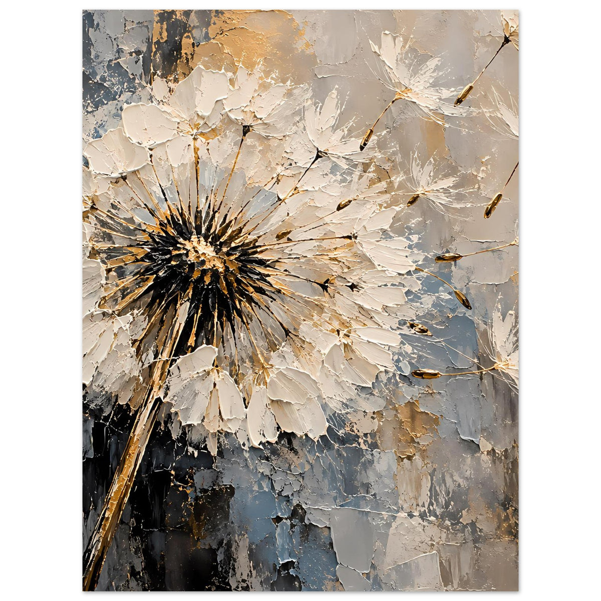 Vertikales Kunstdruck-Poster mit Pusteblume und goldenen Linien auf geprägtem Farbauftrag