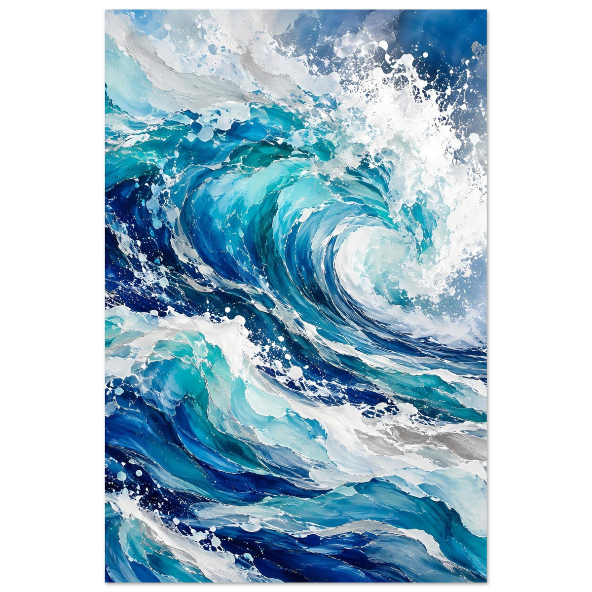 Hochformat-Poster mit abstraktem Meer aus Blau und Türkis, schäumende weiße Wellen