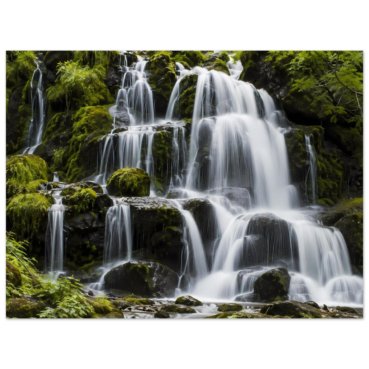 Wasserfall-Poster, horizontales Motiv mit Wasserfällen, Moospolstern und weißen Wassersträhnen
