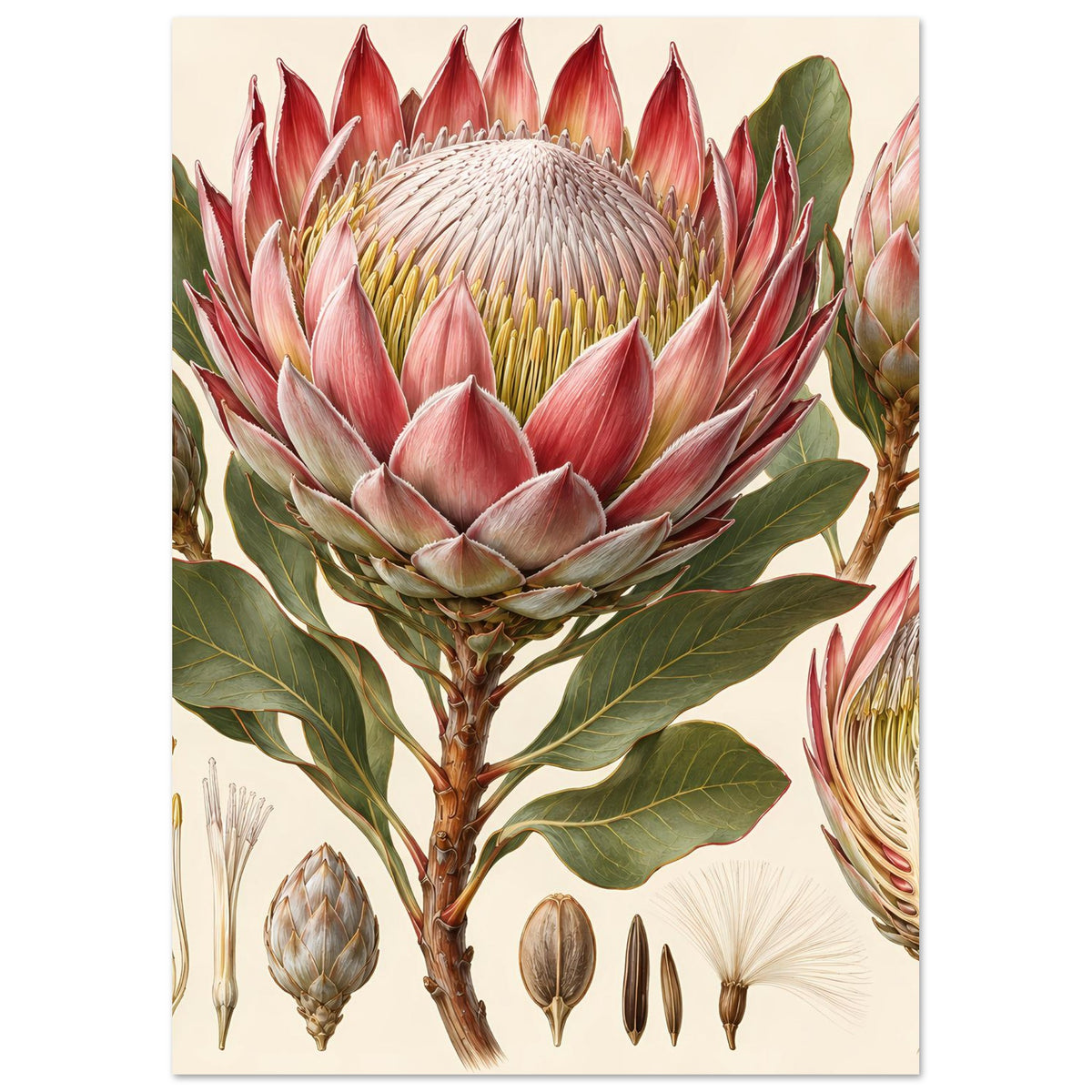 Blumenposter mit Protea-Blüte und botanischen Skizzen, auf mattem Papier gedruckt