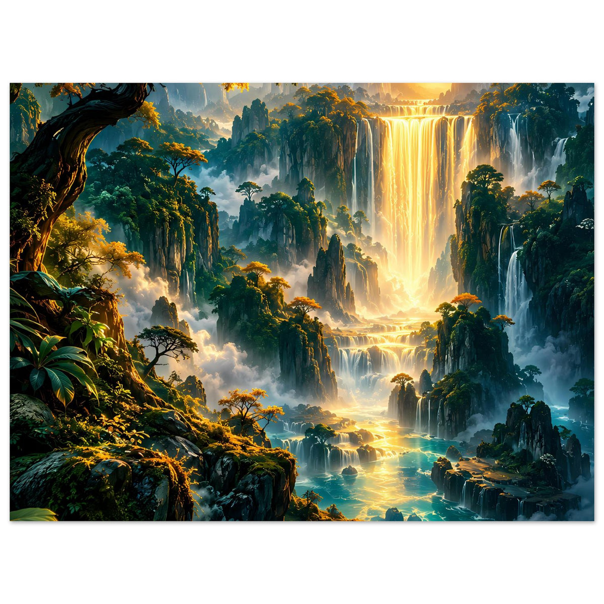 Horizontales Fantasy-Landschaftsposter: goldener Wasserfall, bewaldete Berge, ruhiger Fluss im Vordergrund.
