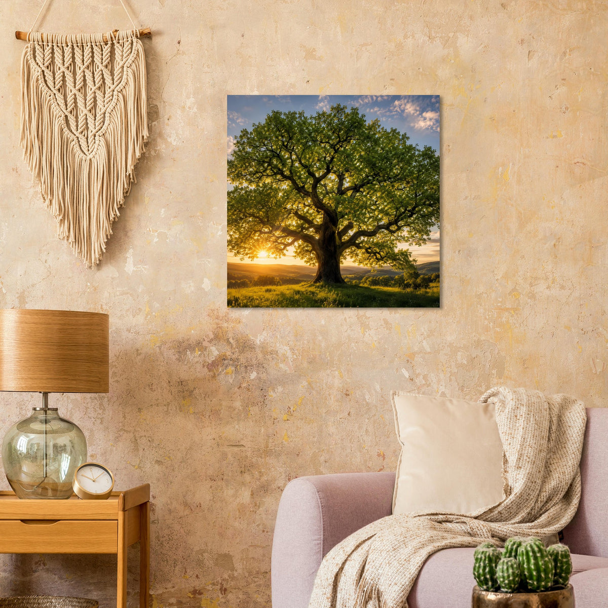 Quadratisches Poster mit grünem Einzelbaum und Sonnenuntergang am Horizont