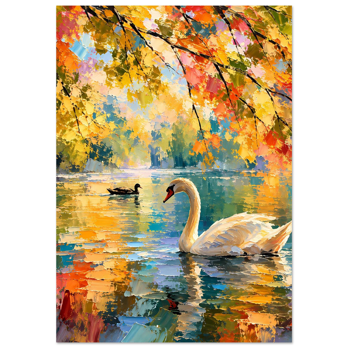 Herbstposter: weißer Schwan im Vordergrund, bunte Herbstkrone über dem Wasser