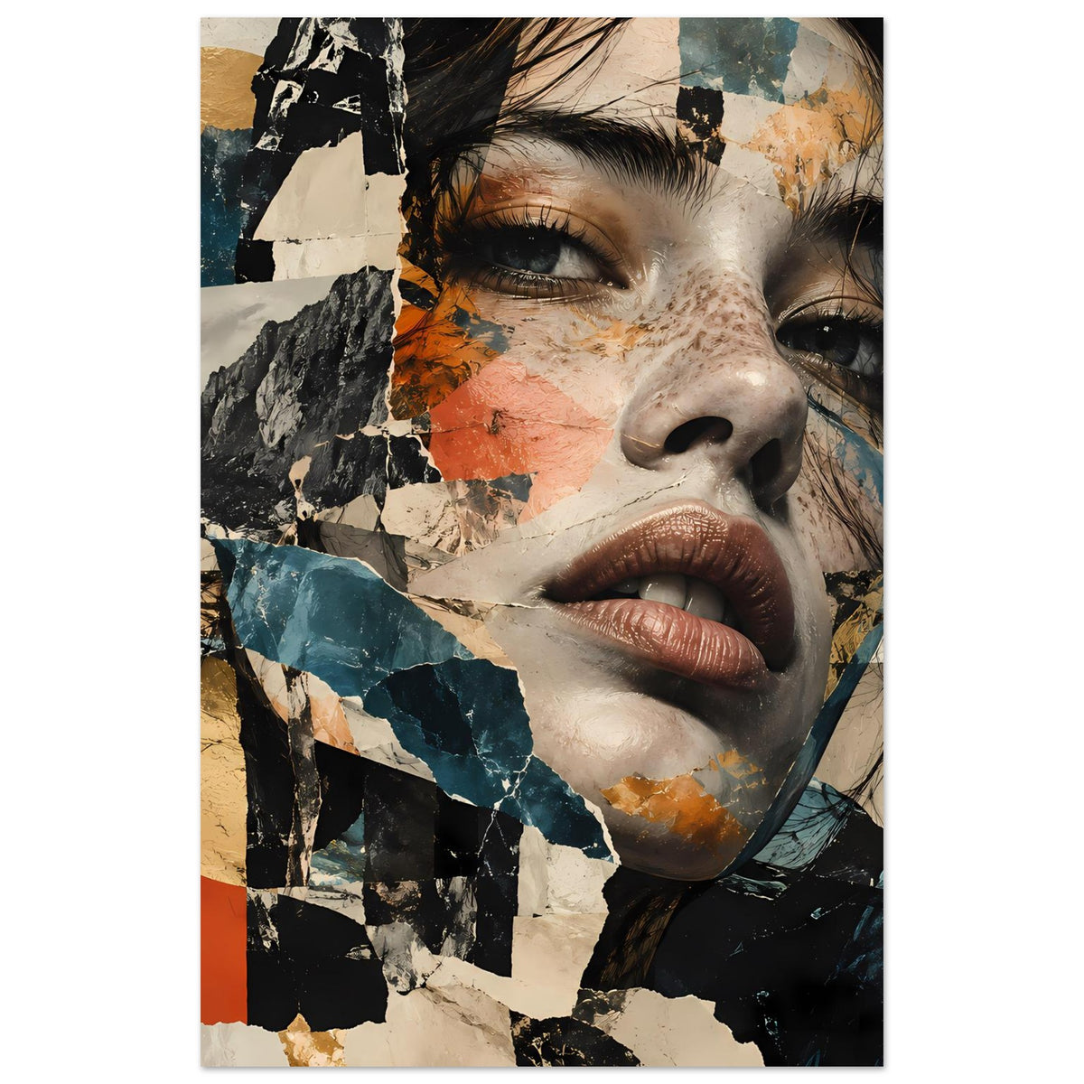 Abstraktes Poster mit teilweise beschnittenem Frauen-Gesicht in Collageoptik, blau-orange
