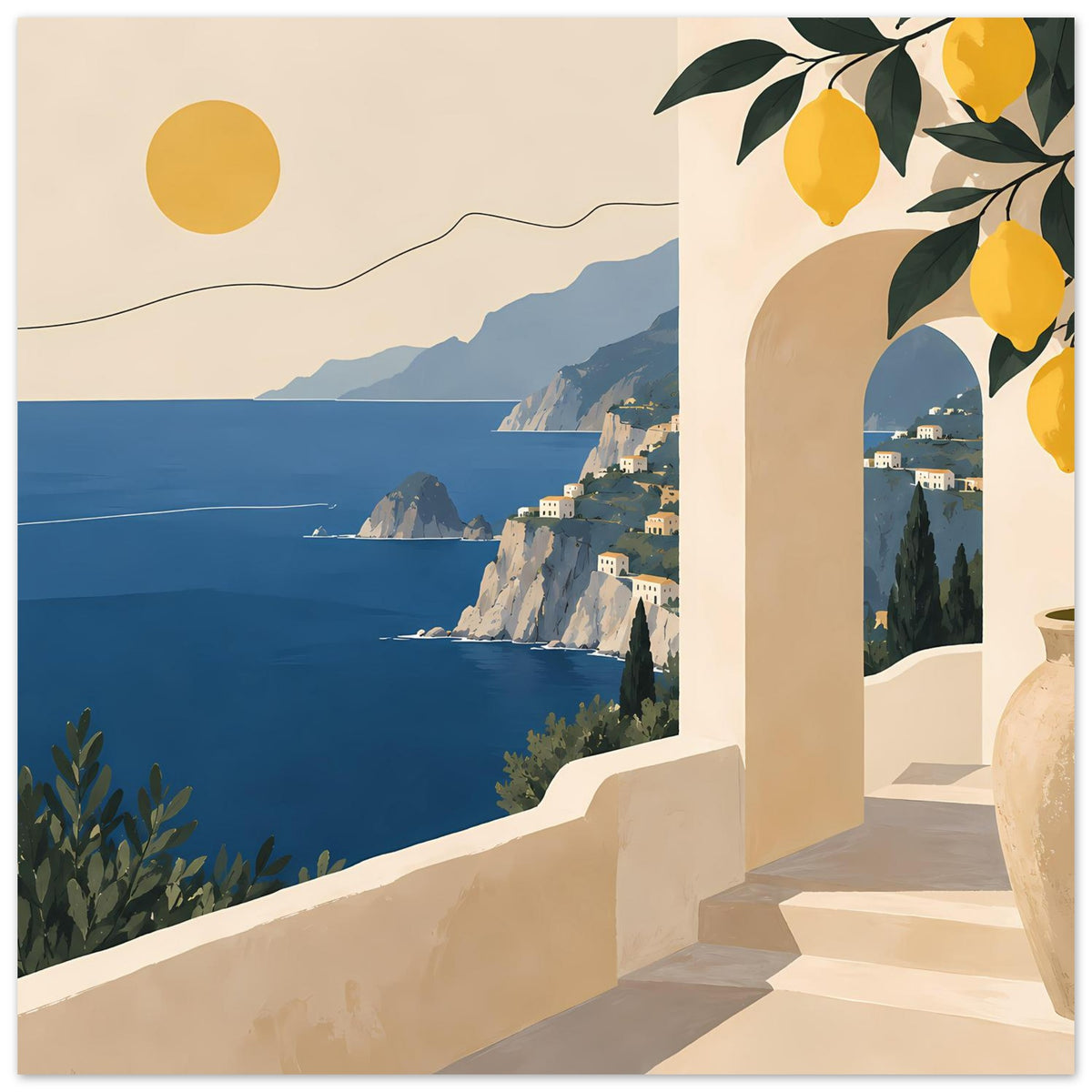 Mediterranes Landschaftsposter: Zitronenblätter rechts, Meer und Küste mit Häusern