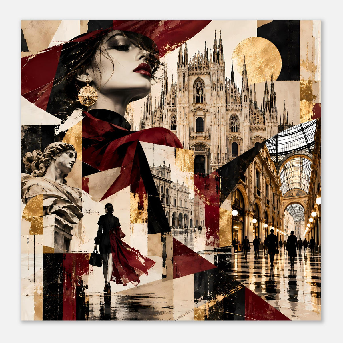 Milano-Kollage-Poster nah: Frau im Profil, Goldmond, Burgund/Gold und Mailänder Dom