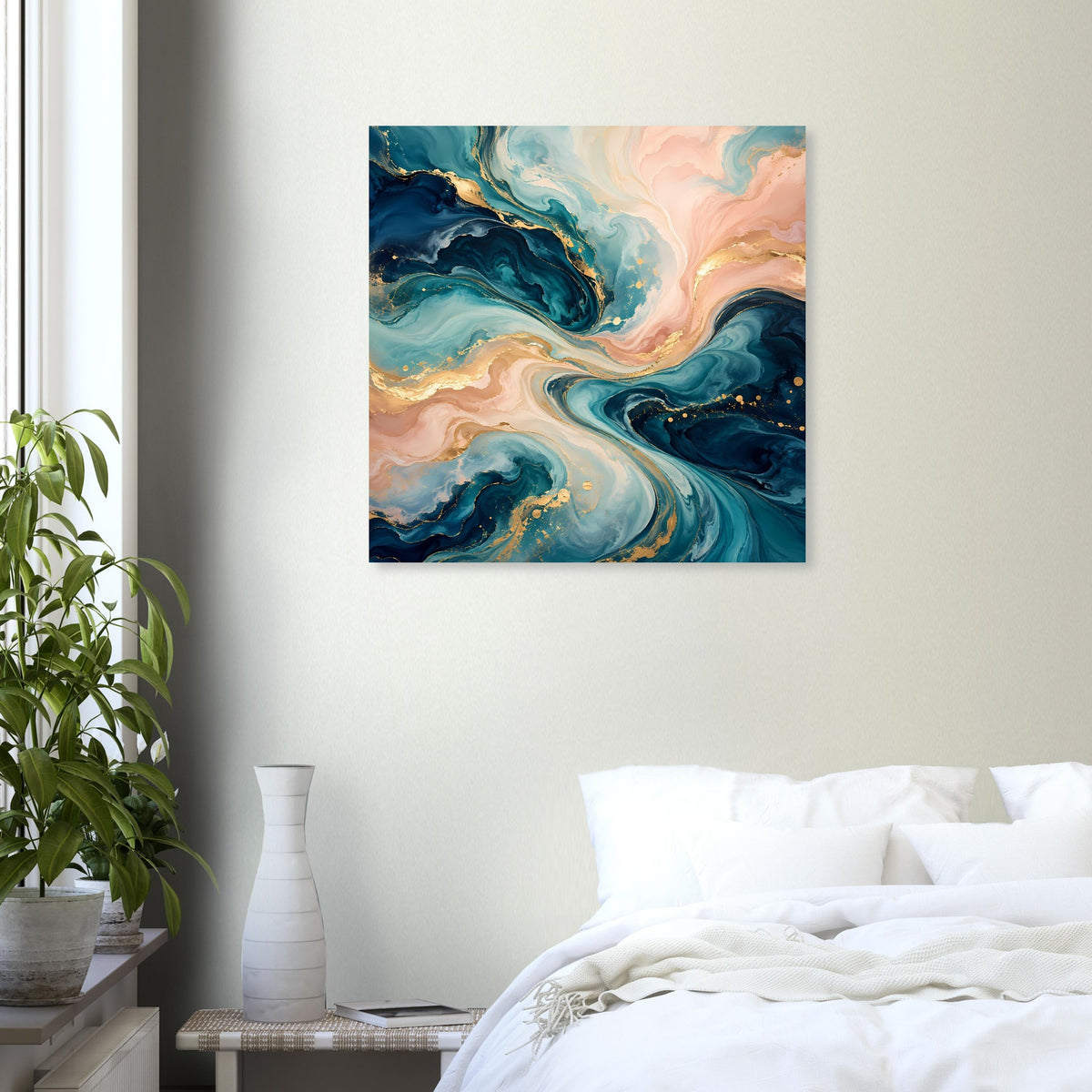 Quadratisches Abstrakt-Kunstposter mit blau‑türkisen Wirbelbahnen, rosafarbenem Lichtband