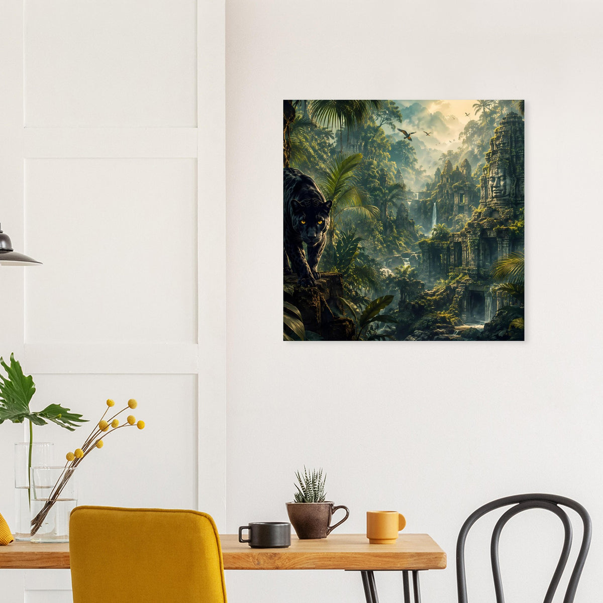 Wandposter mit Dschungelruinen, schwarzem Panther und üppigem Grün