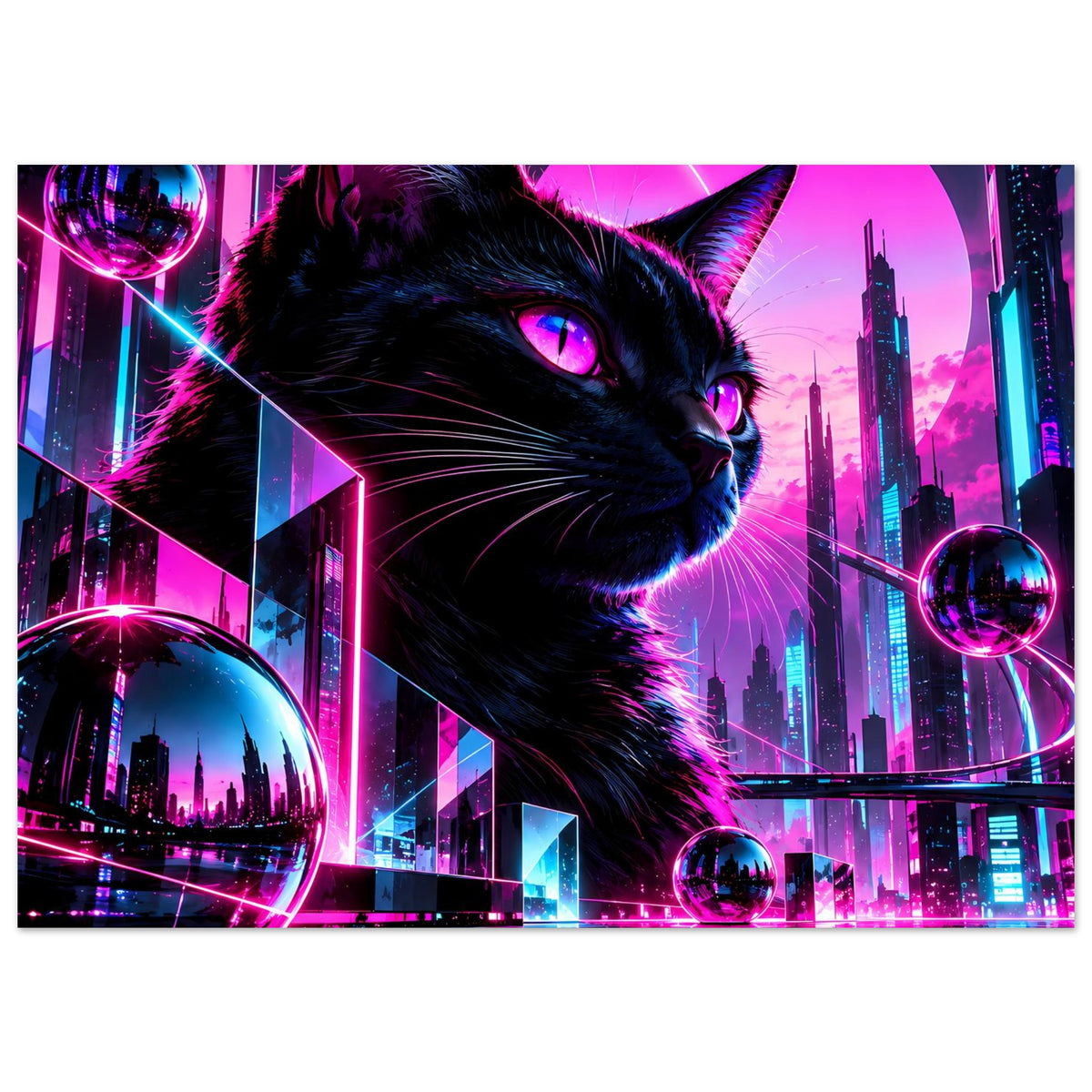 Breitformat-Poster mit schwarzer Katze, Neonstreifen, silbernen Kugeln und leuchtender Skyline